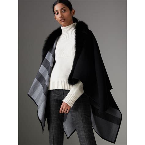 fake burberry poncho|Burberry fur trimmed poncho.